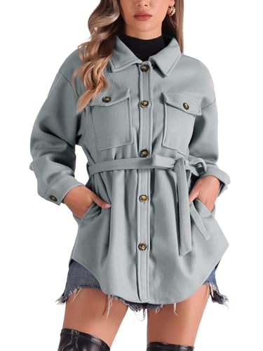 Allegra K Casual Shacket Jackets for Women's Long Sleeve Belted Button Down Fall Jacket Coat with Pockets