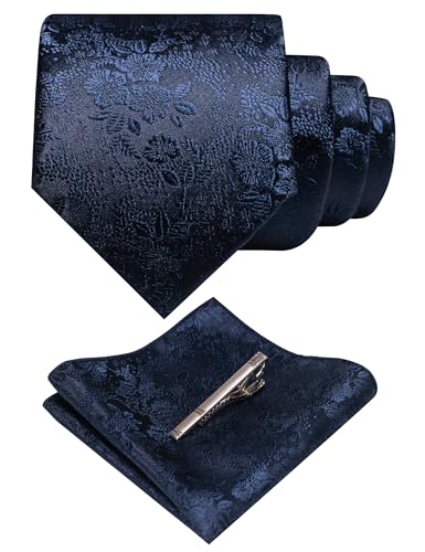 JEMYGINS Silk Navy Blue Floral Tie Necktie and Pocket Square Hankerchief and Tie Bar Clip Sets for Men(54)