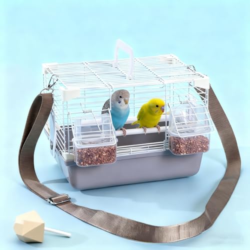 bangminda Jaula de Transporte para Pájaros con Barra de Pie y Caja de Comida Mochila para Pájaros Jaula de Viaje con Correa para Loros Periquitos Contenedor de Transporte Transpirable, Gris