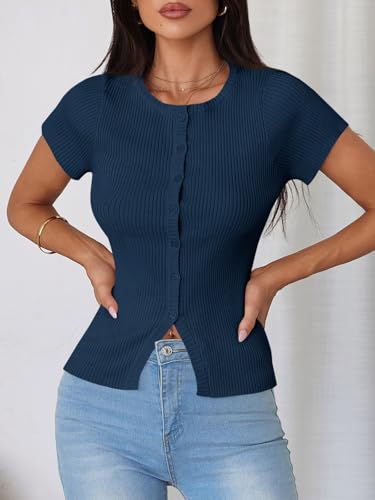 Image of Imily Bela Womens Short Sleeve Sweater Tops Summer Button Down Casual Ribbed Knit Slim Fit Cropped Cardigan Shirts