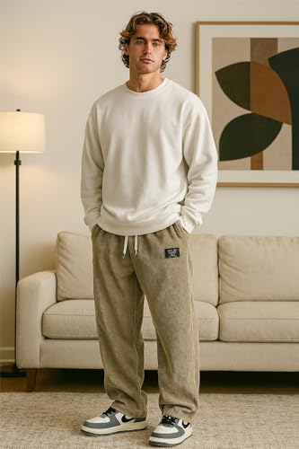 Pacificozy Men's Corduroy Pants Mens Loose Ribbed Fabric Embroidered Logo Drawstring Loose Elastic Waist Pocket Trousers2