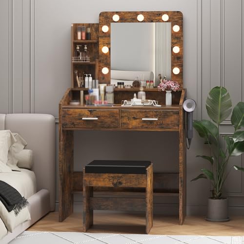 Garveehome Vanity Desk with Mirror and Lights, Makeup Vanity with Power Outlet & Cushioned Stool, 3 Lighting Modes Adjustable Brightness, Dressing Table with Hairdryer Holder for Bedroom, Rustic Brown