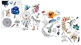 Lot de 4 feuilles de tatouages à fleurs - Motif attrape-rêves - Tatouages oiseaux - Couleur Dream
