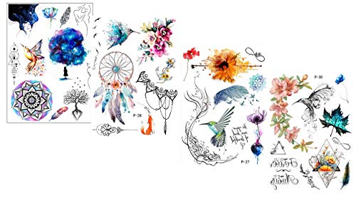 Lot de 4 feuilles de tatouages à fleurs - Motif attrape-rêves - Tatouages oiseaux - Couleur Dream