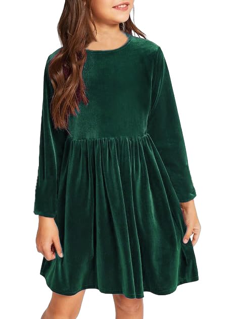 Girl's Velvet Dress Long Sleeve Crew Neck Ruffle Hem Formal A-Line Dress for 5-14Y Girls