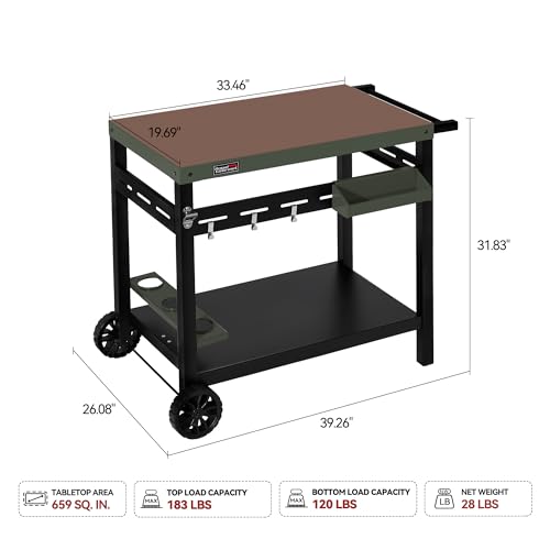 Image of PC3406G Indoor /Outdoor Double-Tier Dining Cart, Sturdy Structure and Open Storage Shelf, Front Basket, Easily Mobility with 2 Wheels and Multifunctional Side Handle, Olive-Green