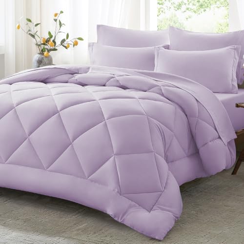 Anluoer Queen Comforter Set,Lavender Bed in a Bag 7 Piece,Lightweight Bedding Set with Soft Down Alternative Fill,Bed Set Includes Comforter, Fitted Sheet, Flat Sheet,Pillowcases and Shams