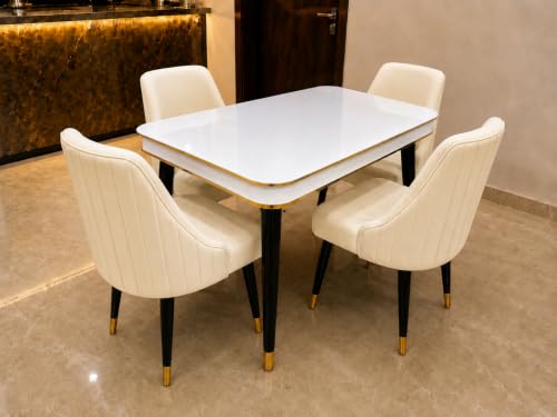 Image of WOODEN SPACE Majestic 4 Seater Wooden Dining Table Set | Urban Marble Top Dining Table with Chairs for Dining Room & Kitchen (Beige Infinity Backline)