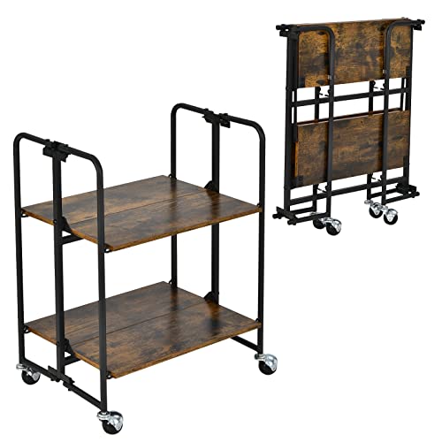 Giantex Foldable Storage Shelves with Wheels, No Assembly 2-Tier Rolling Cart, 2 of The Wheels Have Locks, Microwave Utility Cart Baker Rack, Portable Storage Rack w/Metal Frame, for Kitchen, RV