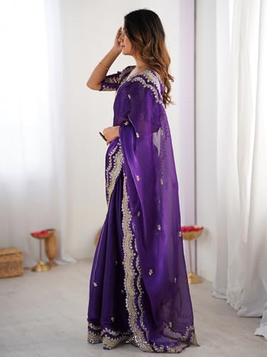 Image of Satrani Women's Shimmer Chiffon Sequins Embroidery Saree with Unstitched Blouse Piece