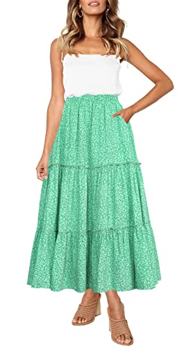 Afibi Womens High Waist A Line Ruffle Swing Long Maxi Skirt With Pockets (Xx-Large, Green Flower) #TOP13