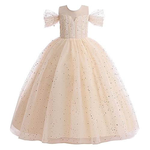 Glamulice Big Girls Princess Sparkle Tulle Dress Flower Girls Formal Dresses Lace Champagne Off Shoulder Vintage Bridesmaid Dance Ball Gown Wedding Pageant Holiday Prom Party Gown 15 14