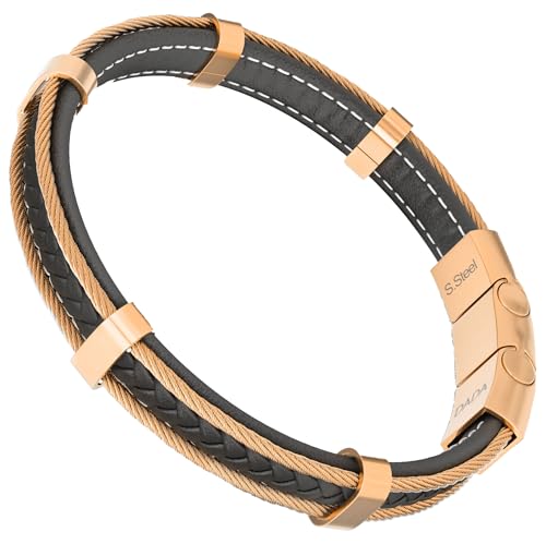 Dada Gioielli - Pulsera Hombre Cuero y Acero Inoxidable - Diseño Deportivo Neumático - Cierre Magnético Ajustable, Oro Rosa