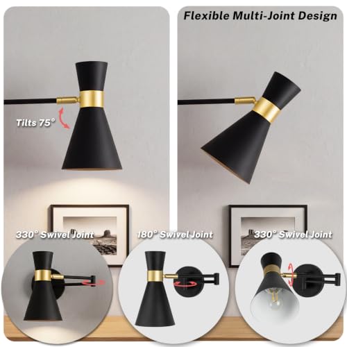 Image of OSYNNIQ Wall Sconce Light with Adjustable Swing Arm for Bedside Reading | Wall Lamp, Modern, Industrial, Lighting Fixture, Black, Hardwired, for Bedroom /Living Room /Indoor, E26 Bulb Included