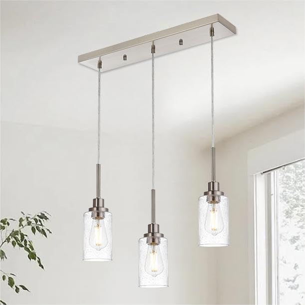 Industrial Pendant Lighting, 3-Lights Adjustable Height Hanging Light Fixtures with Seeded Glass Shade, Brushed Nickel Kitchen Island Ceiling Light for Living Room Foyer
