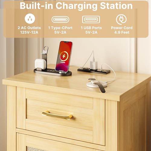 Image of Decofy Rattan Nightstand Set of 2 with Charging Station, Drawer and Cabinet