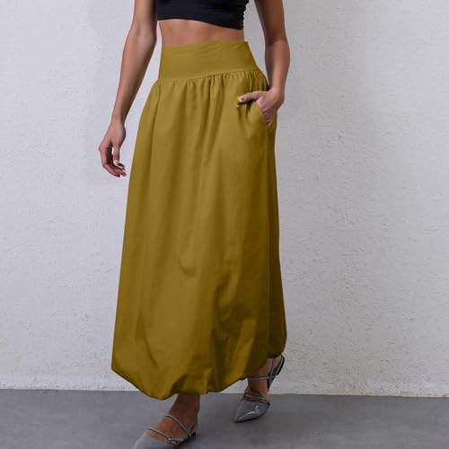 Summer Skirts for Women 2025 Y2k Elastic High Waisted Midi Bubble Skirt A Line Pleated Long Flowy Skirt with Pockets4