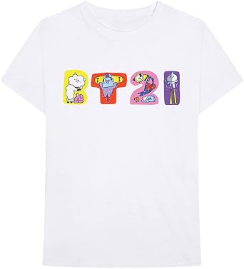 BT21 BTS Kpop للجنسين القطن طاقم الرقبة قصيرة الأكمام تي شيرت رسومات الشعار المبتكرة رسائل بيضاء، متوسطة