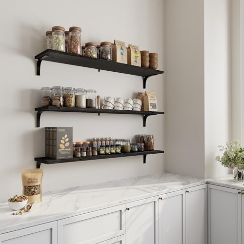 Image of Deep Floating Shelves, 12 Inch Extra Wide Solid Wood Wall Shelves, 48 Inch Long Heavy Duty Wall Mounted Bookshelf for Living Room, Kitchen and Bedroom, Set of 3 (Black)