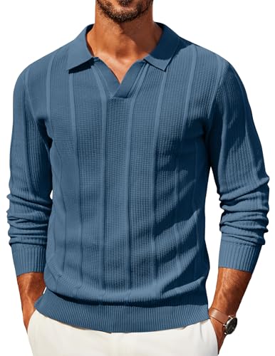 COOFANDY Men Cable Knit Polo Sweater Retro Textured Winter Collared Shirt