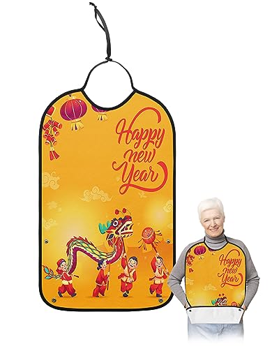 Spring Festival Adult Bibs for Eating, Waterproof Bibs with Food Catcher & Adjustable Snap Closure, New Year Painting Dragon Dance Washable Clothing Protectors Adult Bibs for Elderly Women/Men