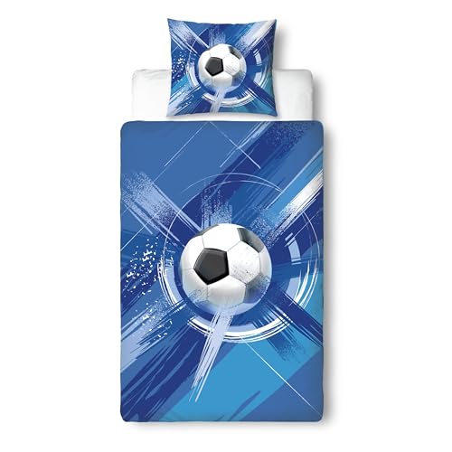 MTOnlinehandel Fußball Bettwäsche 135x200, Kinderbettwäsche 80x80 + 135x200, blau Jungenbettwäsche - Öko-Tex Teenager Bettwäsche aus Microfaser,...