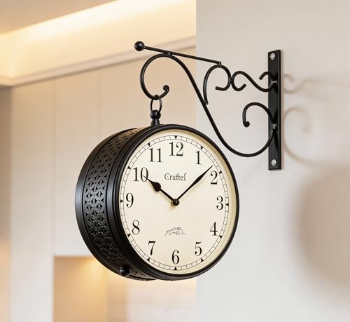 Image of CRAFTEL Double Sided Station Wall Clock Powder Coated Finish | Both Side English Numerals | Aluminum Matte-Finish Dial Brass Body | Dial - 8 Inches, Matte Black | 365 Days Warranty