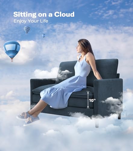 Image of Welzona 3-Layers Cloud Loveseat Sofa, 51 inch Small Couch, Teddy Small Sofa | Comfy Teddy Fabric, Washable Covers, Tool-Free Setup, All-wood Futon Couch for Living Room, Bedroom, Small Spaces, Blue Grey