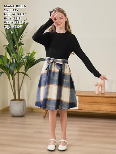 GORLYA Girls Long Sleeve Mock Turtleneck Plaid Contrast Bowknot A-Line Party Dress with Belt 6-14Y4