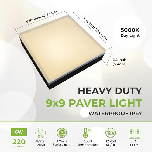Image of LUMENGY Paver Light 9x9 Inch (8.85x8.85), 2700K Warm White, Glare-Free Brick Lighting for Driveways, Walkways, Pool Decks and Patios, 12V Hardwired, IP67 Waterproof, Drive-Over Rated