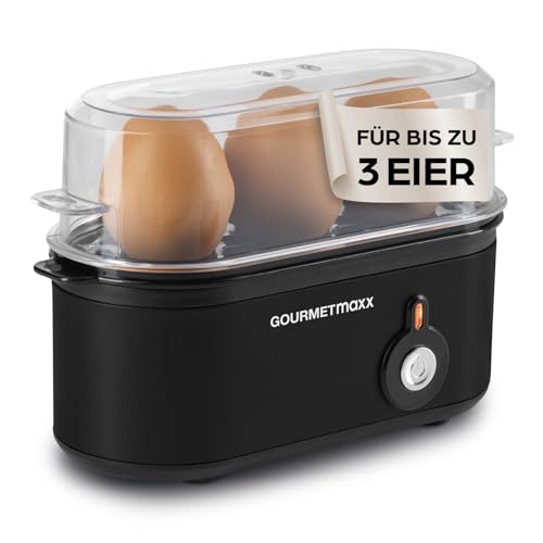 GOURMETmaxx Eierkocher für 3 Eier | Egg Boiler mit Eierstecher im Messbecher | Egg Cooker 3 Härtegrade für deinen Eierbecher | Design Eierkocher klein spülmaschinenfeste Teile