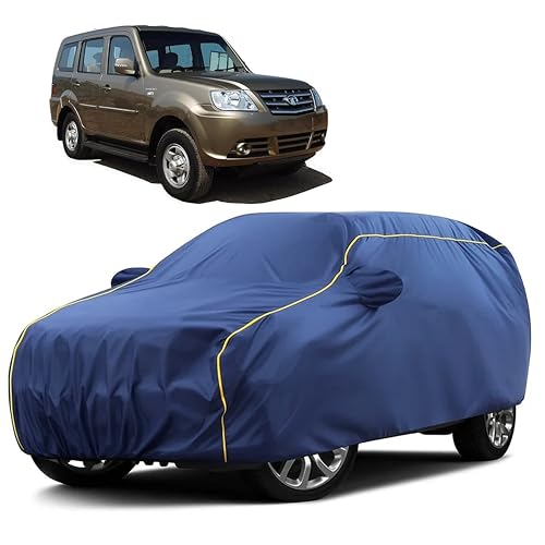 Image of Sulfar 100% Water Resistant Car Body Cover Compatible with Mirror for Tata Sumo Grand Dicor (Triple Stitched, Full Bottom Elastic, Blue Taffeta with Yellow Piping)