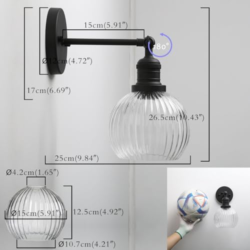Image of PERMO Vintage Wall Sconce Indoor Adjustable Wall Sconce with Ribbed Globe Glass Shade Black Wall Light Fixtures for Hallway Bathroom Kitchen Living Room