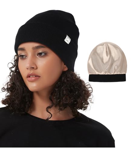 Hat Hut Unisex Slouch Beanie Satin Gefütterte Wintermütze Strickmütze für Haar, Warme Satin Lined Beanie Mütze für Damen Herren (DE/NL/SE/PL, Alphanumerisch,...