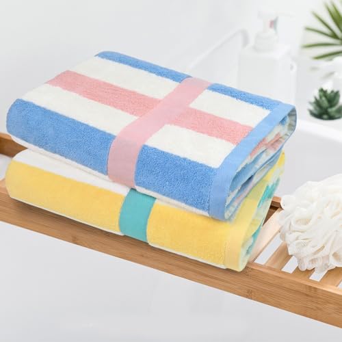 Image of Cotton Bath Towels Set of 2, Highly Absorbent Colorful Striped Towels | for Bathroom, Hotel, Spa, Beach, Large 55 x 27.5 Inches (Peach-Pink & Teal)