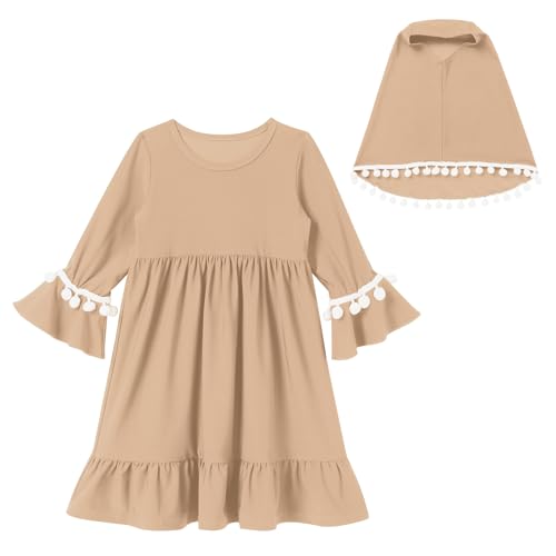 ABAFIP Muslim Dress for Baby Girl Toddler Abaya Kaftan Prayer Ruffle Sleeve Dress Dubai Ramadan Hijab set4