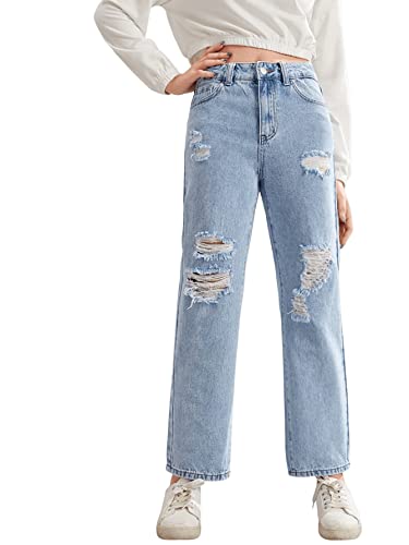 SweatyRocks Teen Girl's High Waisted Straight Leg Ripped Jeans Washed Denim Pants with Pockets