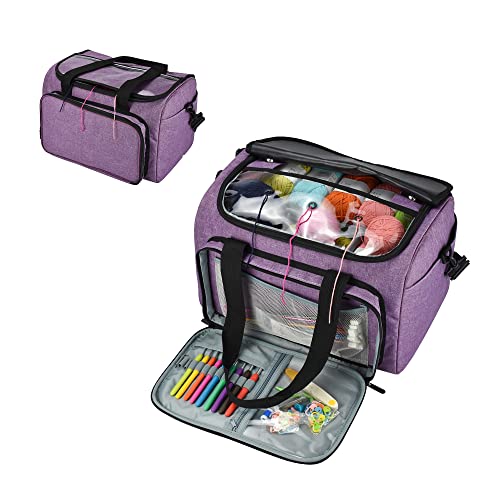 Looen Yarn Knitting Storage Tote-Large Capacity Crochet Organizer Portable Travel Bag with Shoulder Strap Crochet Hooks Case for Unfinished Bulk Project - Thumbnail 2
