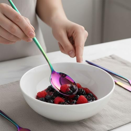 Image of 5 Pcs Rainbow Cutlery Set for Dining Table the Perfect Lightweight Silim Handle Tableware Including Dinner Spoon, Dinner Fork, Dinner Knife, Dessert Spoon & Dessert Fork