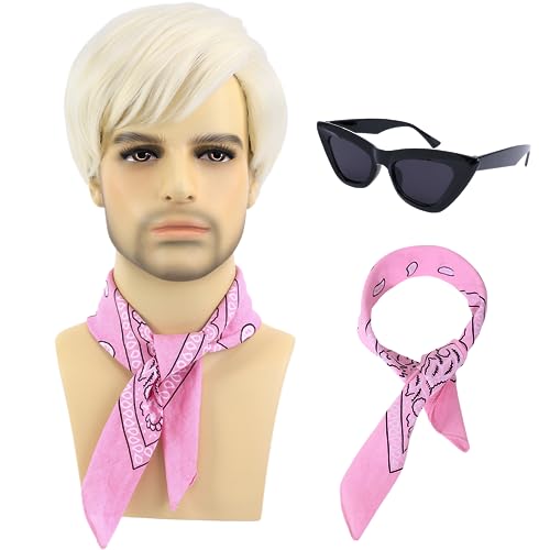 Bettecos Short Blonde Cosplay Wig for Men with Bandana and Glasses Mens Blond Costume Synthetic Hair Wigs for Halloween Party