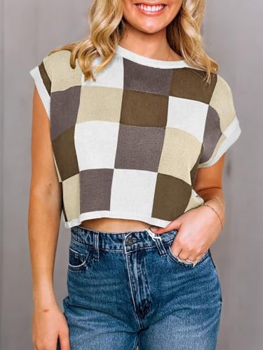 Image of Saodimallsu Womens Cap Sleeve Crop Tops Summer Color Block Going Out Crew Neck Knit Trendy Casual Sweater