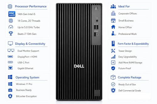 Image of Dell Pro Tower Business Desktop QCT1250 • 2026 Edition • Intel Core i5-14500 (14-Core, 20 Threads, up to 5.0GHz) • 16GB DDR5 • 512GB SSD • Windows 11 Pro