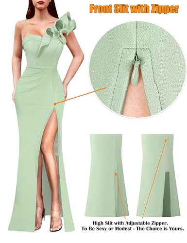 Image of VFSHOW Womens Ruffle One Shoulder Strap Ruched Formal Prom Wedding Maxi Dress V Neck Elegant Split Cocktail Evening Long Gown