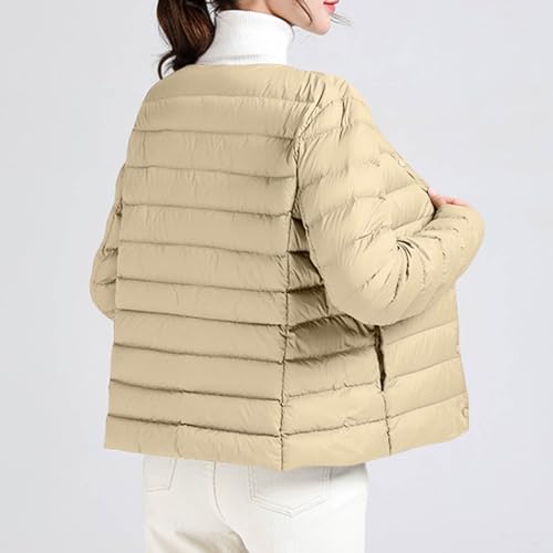 Women Ultra Lightweight Down Jacket Packable Collarless Button Down Quilted Short Puffer Parka Coats Outerwear Pocket3