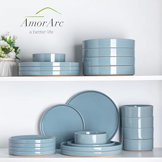 AmorArc Ceramic Dinnerware Set for 4 | Speckled Stoneware Plates and Bowls with unglazed terracotta | Scratch Resistant, Dishwasher & Microwave Safe Dishes Sets- 12-Pcs Blue