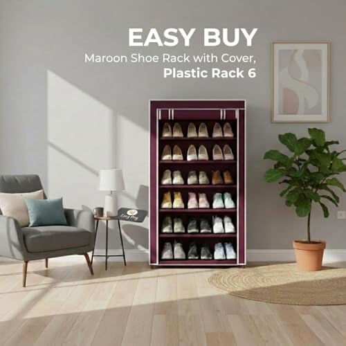 Image of EASY BUY Maroon Shoe Rack with Cover, Plastic Rack 6 Shelves with Zip Door Cover & Side Pocket | Dustproof Multiuse Storage Organizer for Footwear, Clothes, Toy, Shoe Rack Plastic, Slipper Stand