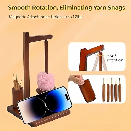 Image of CREHNIL Wooden Yarn Holder Phone Stand Spindle Knitting Dispenser for Crocheting