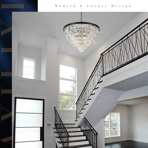 Image of 35 inch Large Crystal Chandeliers 6-Tier Modern Black Living Room Chandelier