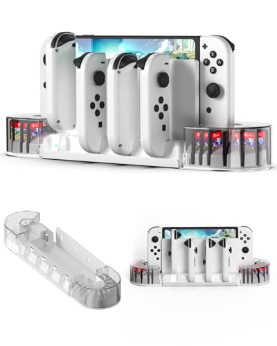 KUNSLUCK Switch Support mural avec chargeur J-Con pour Nintendo Switch/OLED, station de charge murale Switch avec 20 cartes à jouer et 6 chargeurs pour J-Con (blanc)