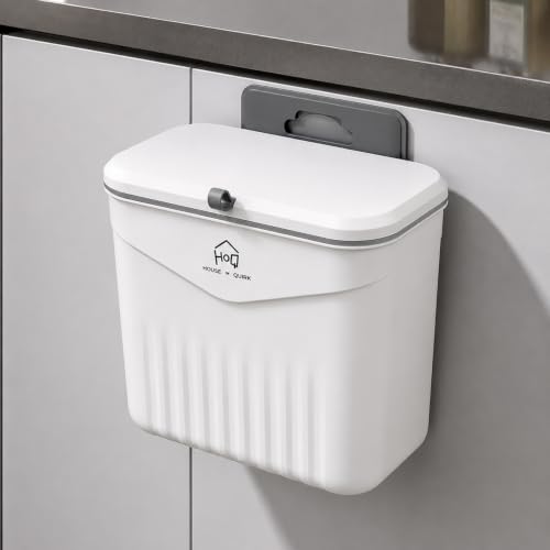 Image of House of Quirk 7L Hanging Kitchen Trash Can with Lid, Wall Mounted & Cabinet Door Waste Bin, Double-Sided Opening (Chalk White)